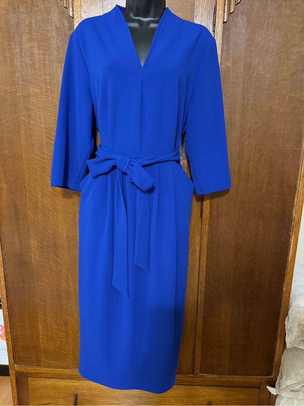 Grace Karin Cobalt Blue V-Neck Midi Dress with Tie Waist, XL, NWOT